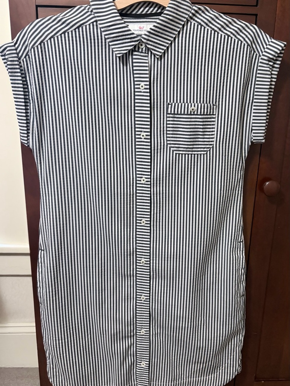 Vineyard Vines Dark Blue & White Vertical Stripe Full Button Shirt Dress